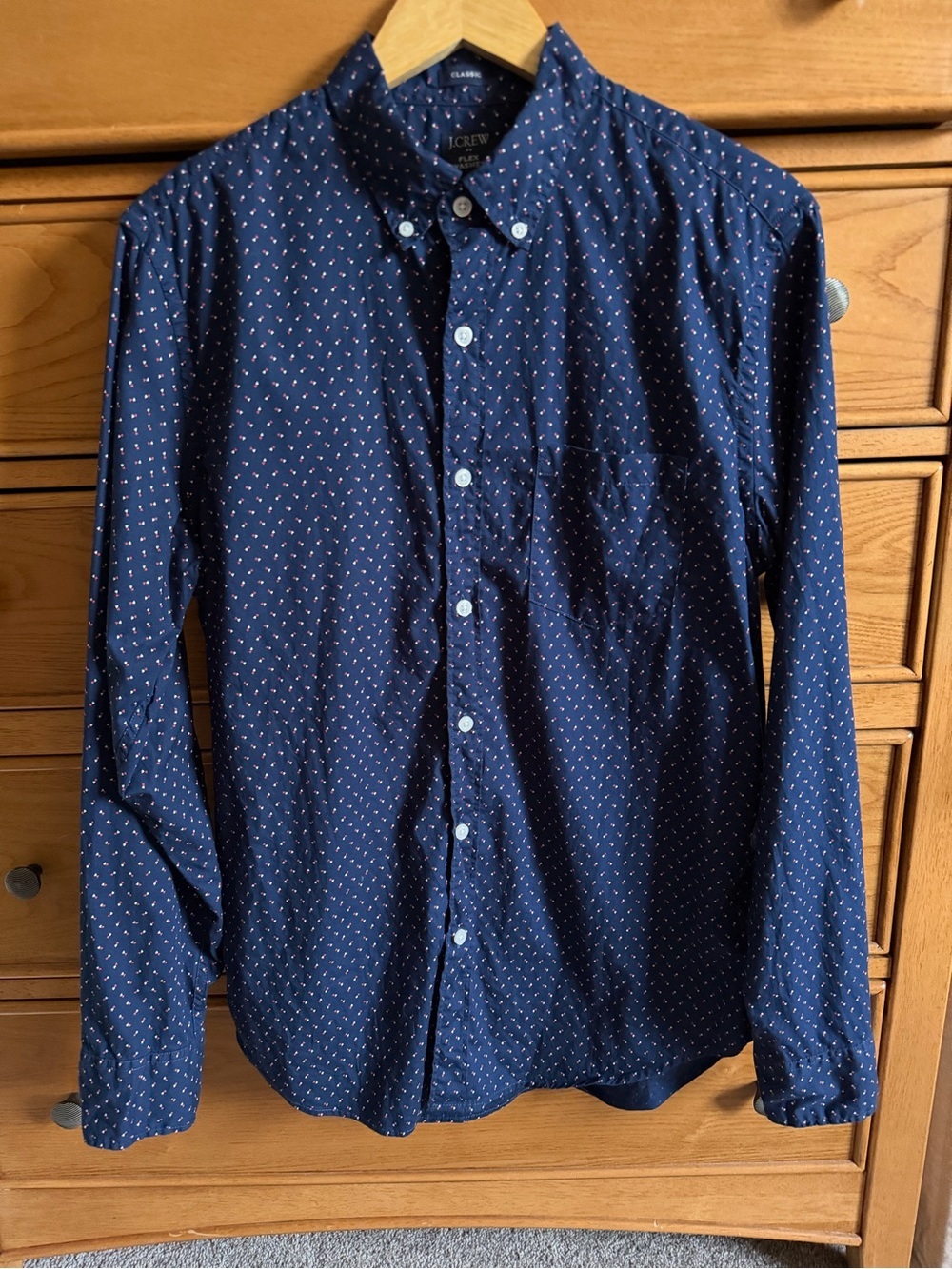 J Crew Mens Medium Button Down Classic Blue Polka Dots Shirt Cotton Stretch